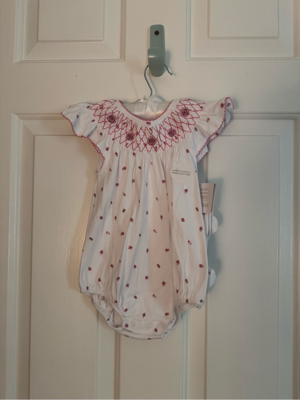 NWT Pima Cotton, Baby Girl Smocked Bubble Romper with Pink Florals